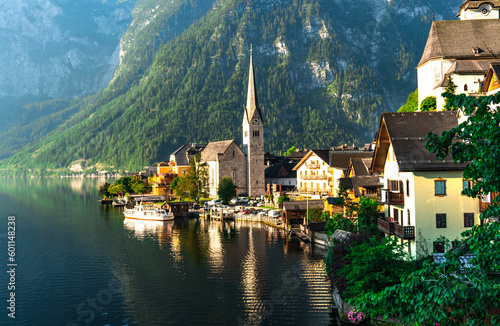 View of Hallstatt Village peaceful scene in the morning at sunrise. One of popular City in Austria