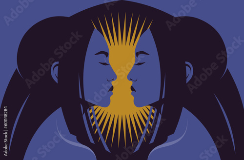 Portraits of two Asian women in profile. The faces of the twin sisters on a dark background. Gemini. Horoscopes and astrology. Side view. Vector flat illustration