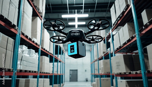Lieferdrohne mit Paket im Lager Logistik Spedition Lieferung mit Drohnen RFID, Automatisierung mit RFID, Kosten sparen, Generative AI 