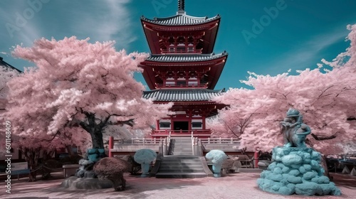  traditional japanese pagoda with blossoming cherry trees. Generative AI