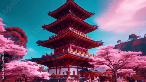  traditional japanese pagoda with blossoming cherry trees. Generative AI