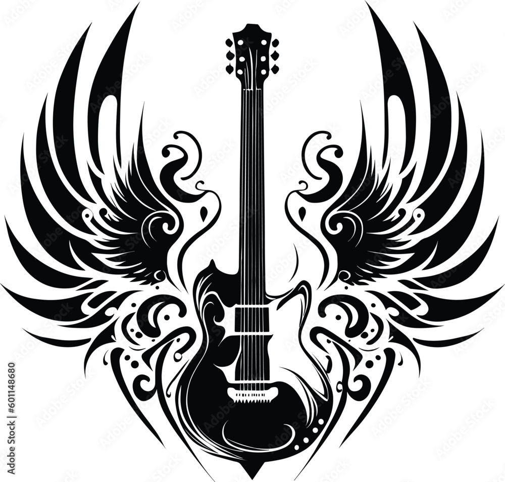 guitar with wings vector tattoo design, inscription rock and roll in ...