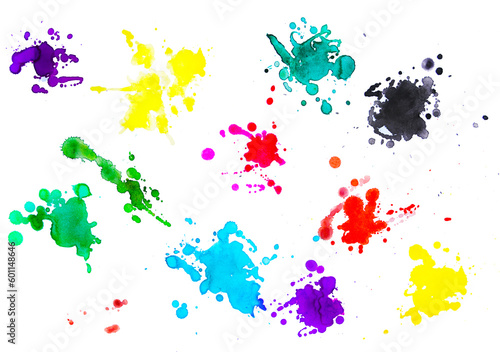 Multicolored watercolor blots with splatters  colorful pattern of spots with splashes and drops of paint on white background. Hand-draw abstract drip stains as a grunge texture for design.  