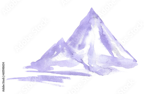 Loose watercolor moutains in violet purple colors.Scape with hills and mountains isolated on white background.Aquarelle element,environment concept.