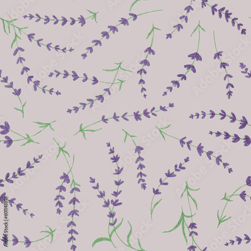 Hand drawn seamless pattern with shining glowing line art provance purple lavender flowers.Floral spring summer botanical backdrop on grey background.