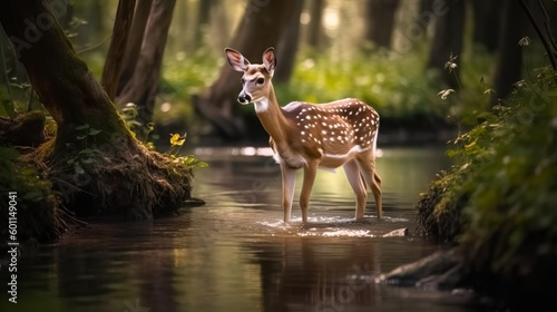 Fotografia Spotted deer in the forest. Wild fawn standing in the water
