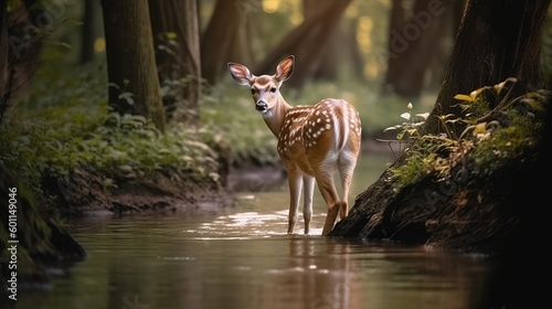 Photo Spotted deer in the forest. Wild fawn standing in the water