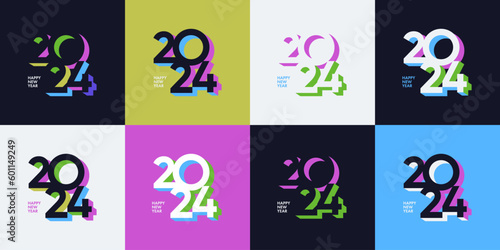 Creative concept of 2024 Happy New Year posters set. Design templates with typography logo 2024 for celebration and season decoration. Minimalistic trendy backgrounds for branding, banner, cover, card