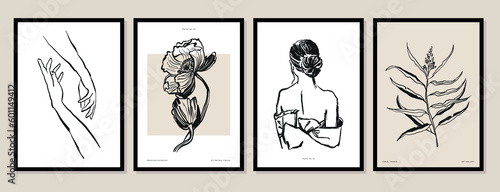 Abstract boho style botanical and female silhouettes vector art print posters for your wall art gallery