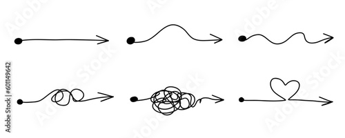 Arrow set. Chaos simplifying, problem solving and business solution searching challenge concept. Complex and easy simple path way from start to end. Hand drawn vector doodle scribble chaos path lines.