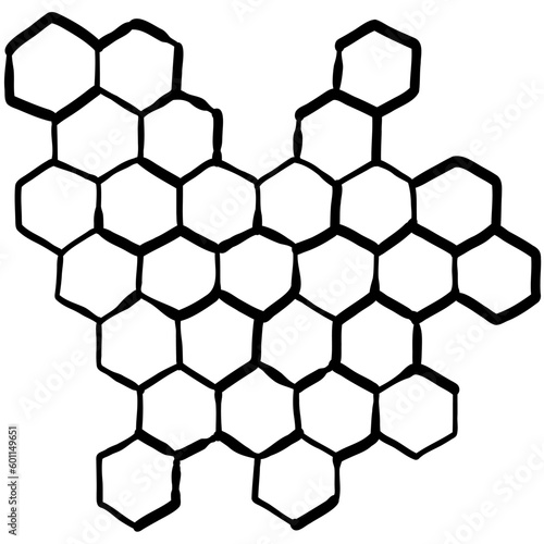 Honey comb propolis. Sketch Marker Doodle hand drawn honeycomb structure. Honey, pollen, wax, parchment and bee products in sketch style. Stock black and white illustration on a white background.