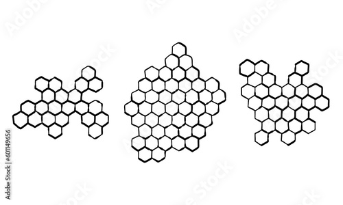 Honeycomb propolis structure. Marker sketch Doodle hand drawn honeycomb set. Honey, pollen, wax, parchment and bee products in sketch style. Stock black and white illustration on background.