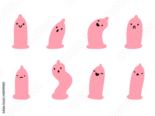 Condom character set. Safe sex, contraception. Cartoon simple condom. Cute doodle emoji preservative. Vector illustration on a white background.