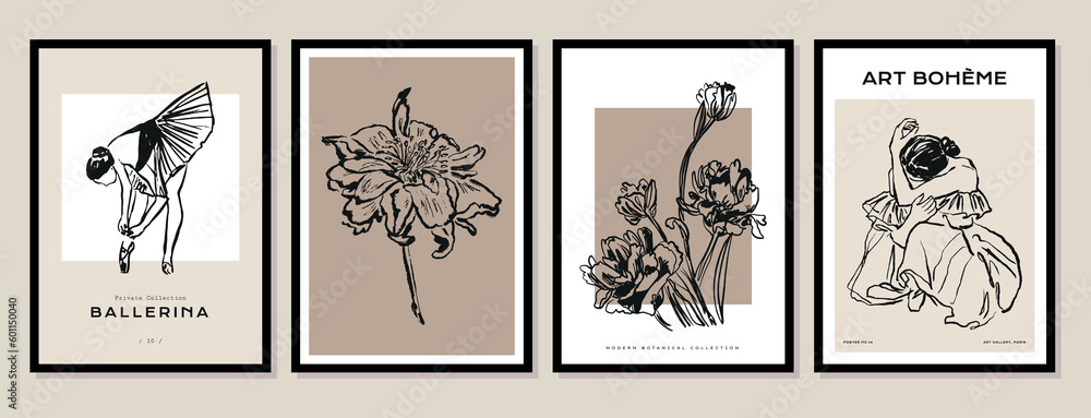 Abstract boho style botanical and female silhouettes vector art print posters for your wall art gallery Abstract boho style botanical and female silhouettes vector art print posters for your wall art gallery