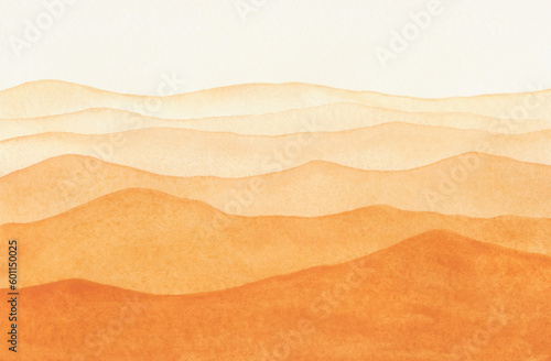 Avarel, texture, yellow-orange illustration of a panoramic view of the desert, hills, dunes. Drawn by hand. Landscape for design and decoration with place for text.