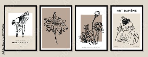 Abstract boho style botanical and female silhouettes vector art print posters for your wall art gallery