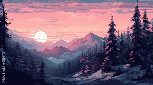 Winter forest in the mountains during sunrise created with Generative AI technology