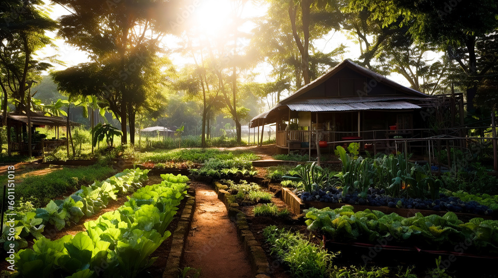 A small house with a vegetable garden, during nature, Live a simple life in the countryside of Thailand, Generative AI