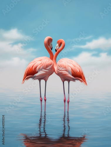 Photo of two flamingos standing next to each other, water and blue sky © Veniamin Kraskov
