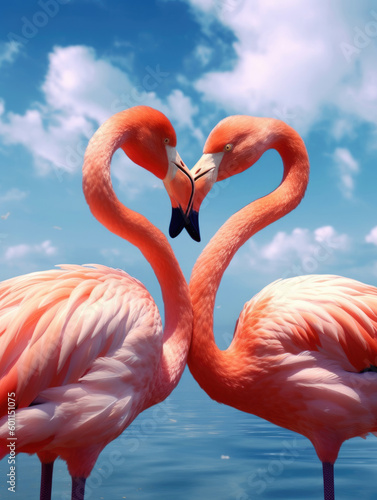 Photo of two flamingos standing next to each other, water and blue sky