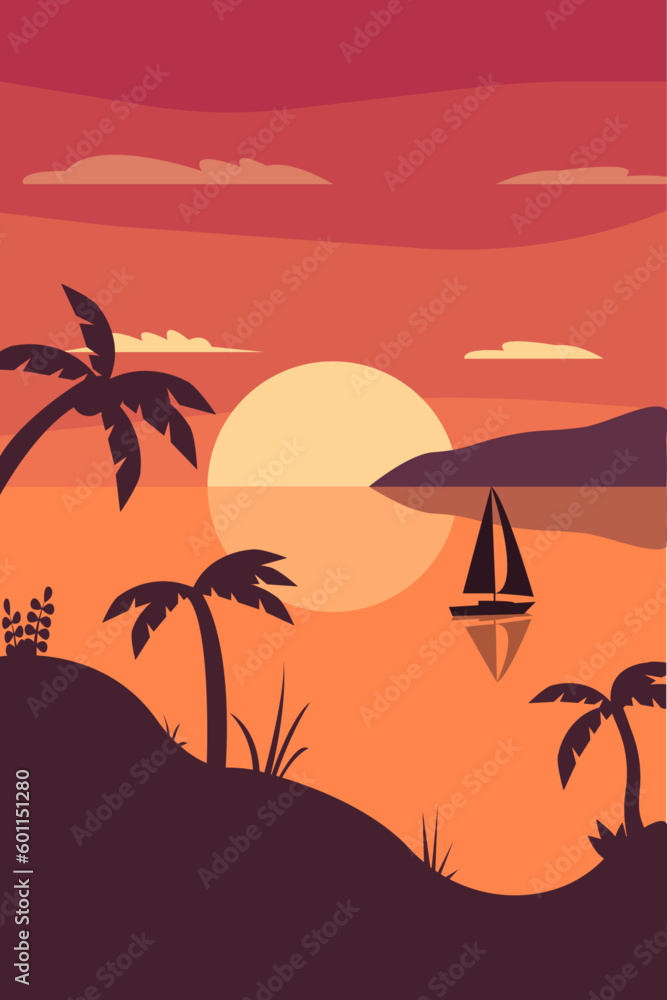  Vector beach sunset with palm silhouettes