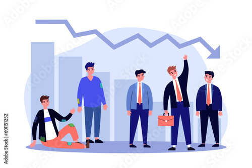 Happy businessmen and declining unemployment vector illustration. Cartoon drawing of office workers and unemployed or jobless persons, low unemployment rate chart. Employment, economy concept