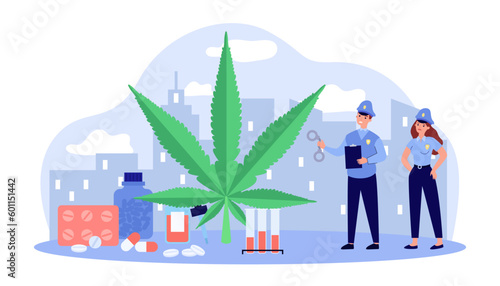 Police officers next to huge cannabis leaf vector illustration. Wide availability of drugs to general public, pills, substance, blisters, test tubes. Drugs, danger, health, addiction concept