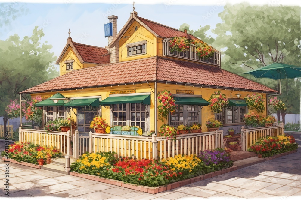 illustration, a house with a beautiful garden in the city, ai generative
