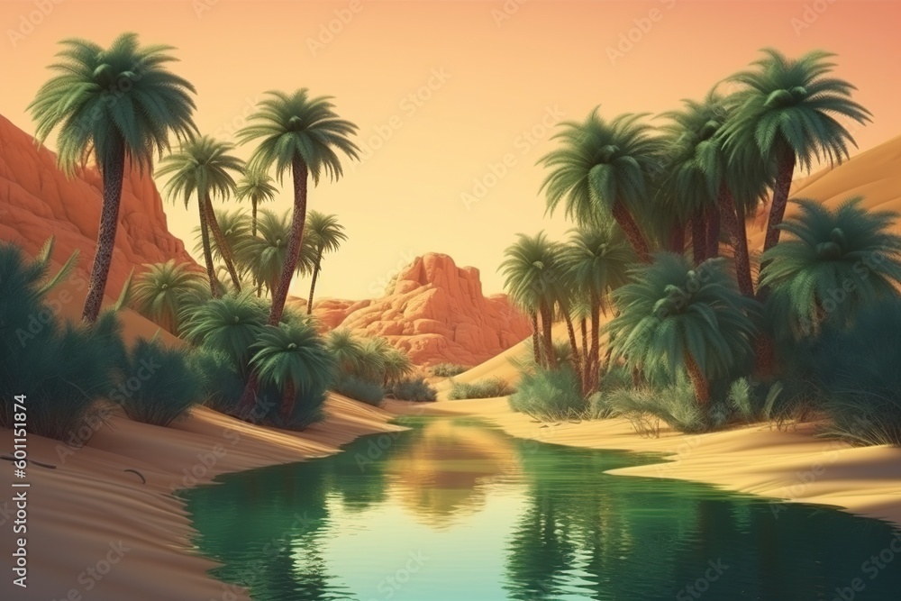 Fototapeta premium illustration, oasis in a desert, generative ai