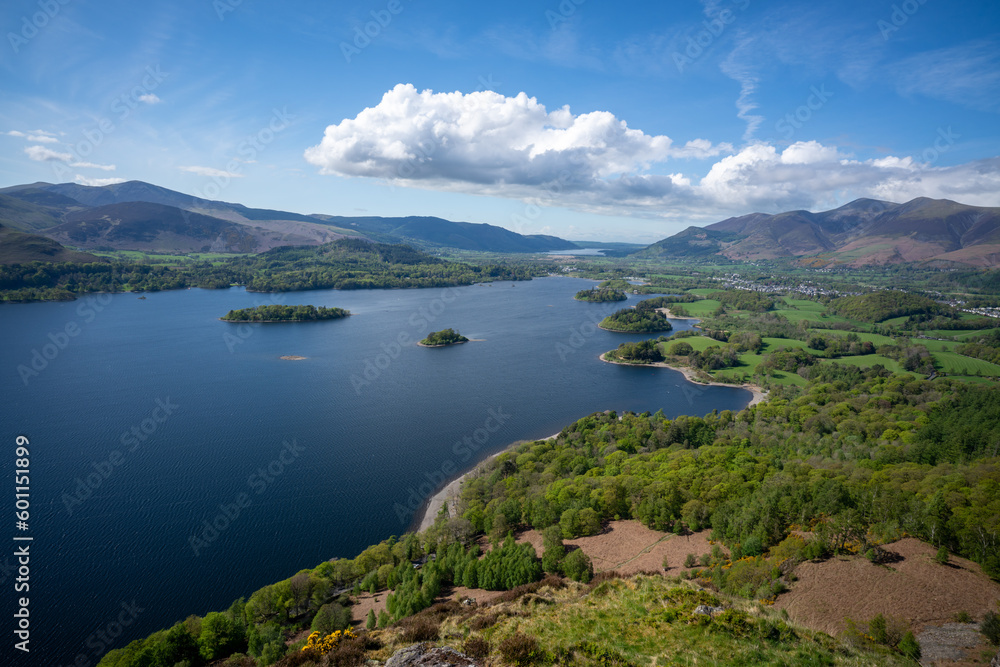 Views over Derwentwater from the family friendly hike up to Walla Crag in the Lake District, Cumbria, England