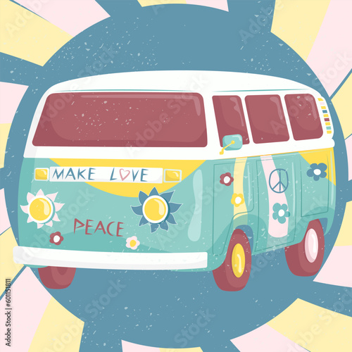 Hippie vintage car mini van. Decorative background