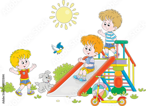 Happy little kids and a merry pup playing on a colorful toy slide on a playground in a sunny summer park, vector cartoon illustration isolated on a white background