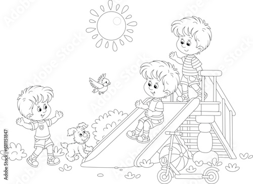 Happy little kids with a merry pup playing on a toy slide on a playground in a sunny summer park, black and white outline vector cartoon illustration for a coloring book page