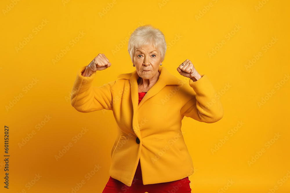 grandmother with sunglasses doing fighting pose on a studio with yellow background