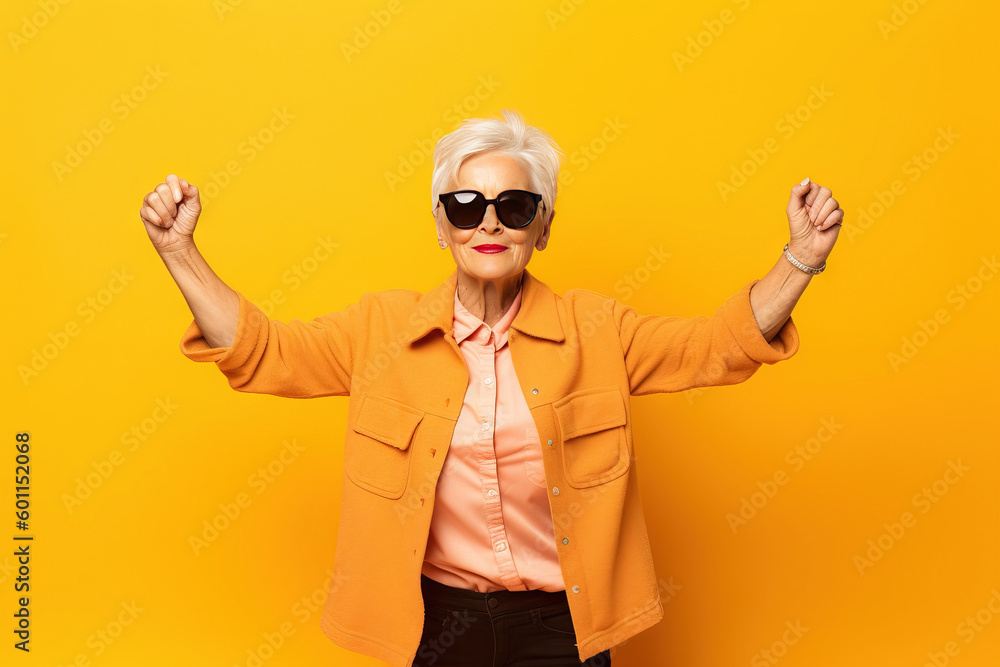grandmother with sunglasses doing poses on a studio with yellow background grandmother with sunglasses doing poses on a studio with yellow background