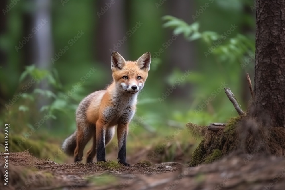 illustration, a young fox shot in a summer forest,generative ai