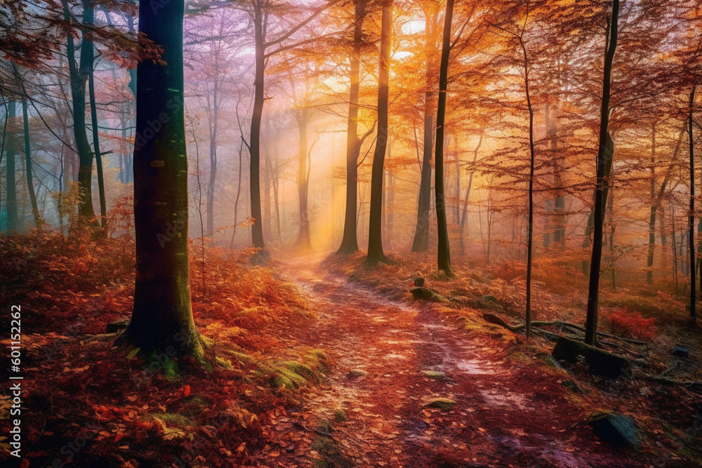 foggy autumn forest in the morning made with generative ai