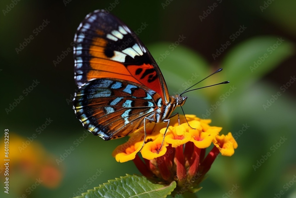 Colorful Butterfly Perched on Vibrant Flower with Green Foliage Background Colorful Butterfly Perched on Vibrant Flower with Green Foliage Background
