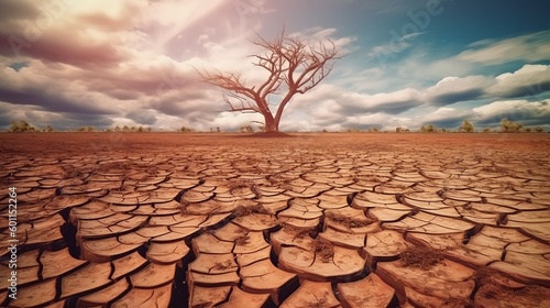 Dead trees on dry cracked earth metaphor Drought, Water crisis and World Climate change, Generative AI © Salsabila Ariadina