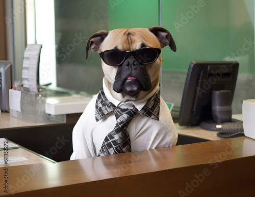 Pug dog working in office. Concept of pet officer, chairman, chief or boss. AI generated image