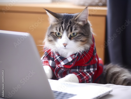 Cat with fashionable dressing. Concept of hardworking pet. AI generated image
