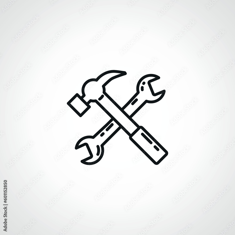 Hammer and wrench line icon. Repair crossed tool linear icon. Hammer and wrench line icon. Repair crossed tool linear icon.