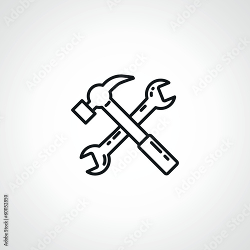 Hammer and wrench line icon. Repair crossed tool linear icon.