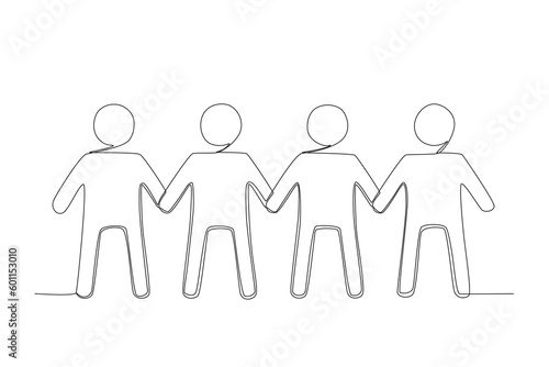 Four humans holding hands. World population one-line drawing