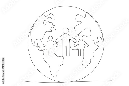 Earth and three people. World population one-line drawing