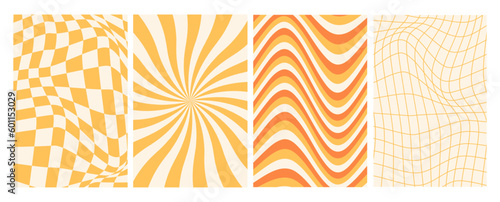 Groovy checkered patterns, radial lines, hippie retro 60s 70s yellow, orange, backgrounds, wallpaper