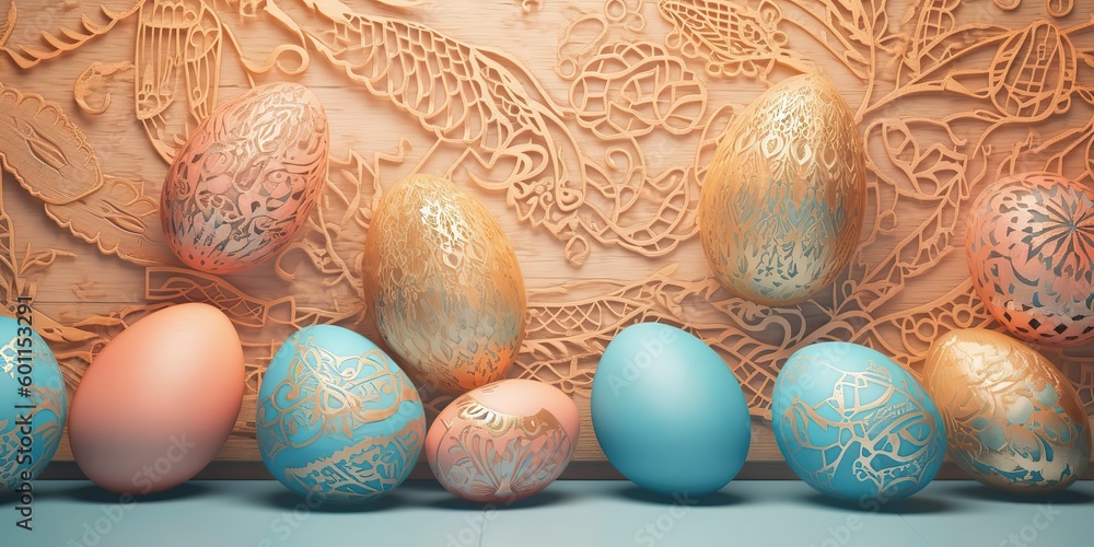 easter colorful golden eggs with rabbit, generative AI - obrazy, fototapety, plakaty 