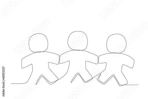 Illustration of three children holding hands. World population one-line drawing