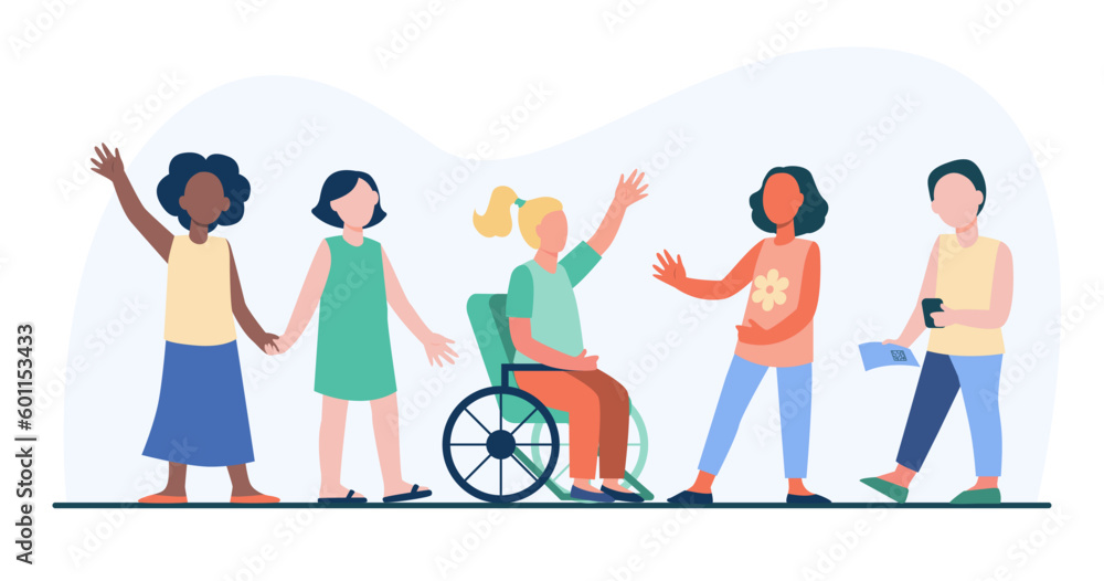 © PCH.Vector - Multicultural children greeting girl in wheelchair. Asian, Caucasian, African American kids talking to child with physical disability vector illustration. Childhood, friendship, inclusion concept