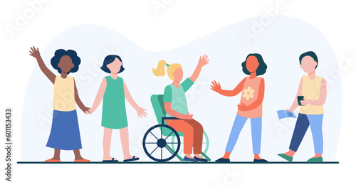 Multicultural children greeting girl in wheelchair. Asian, Caucasian, African American kids talking to child with physical disability vector illustration. Childhood, friendship, inclusion concept